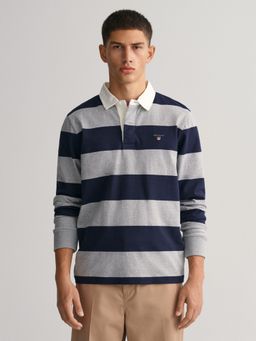 GANT - Men Grey & Navy Blue Bar Stripes Heavy Polo T-Shirt