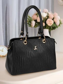 Mochi - Women Black Textured Satchel Bag with Detachable Strap