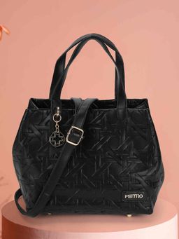Metro - Women Black Textured Handbag with Detachable Strap