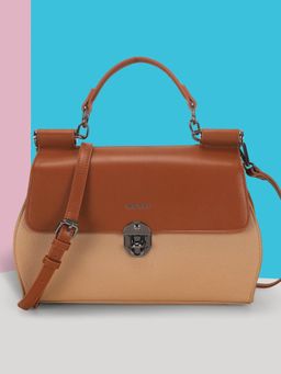 Mochi - Women Beige and Brown Colorblock Satchel Bag with Detachable Strap