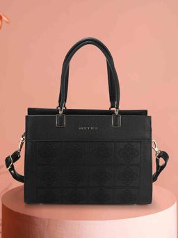 Metro - Women Black Floral Design Satchel Bag with Detachable Strap