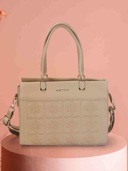 Metro - Women Beige Floral Design Satchel Bag with Detachable Strap