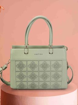 Metro - Women Green Floral Design Satchel Bag with Detachable Strap