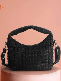 Metro - Women Black Textured Zipper Handbag with Detachable Strap