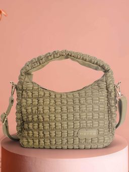 Metro - Women Sage Green Textured Zipper Handbag with Detachable Strap