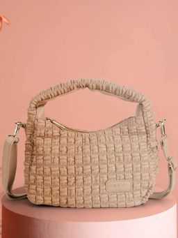 Metro - Women Beige Textured Zipper Handbag with Detachable Strap