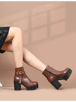Padchin - Women'S Tan Block Heel Monk Strap Ankle Boots
