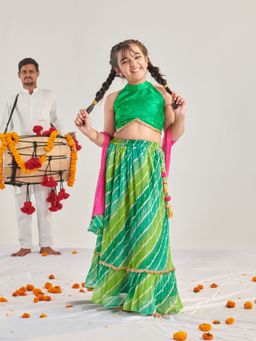 PSPeaches - Girls Printed Ready to Wear Lehenga & Blouse With Dupatta Green (Set of 3)