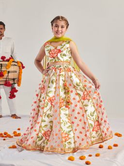 PSPeaches - Girls Printed Ready to Wear Lehenga & Blouse With Dupatta Orange (Set of 3)