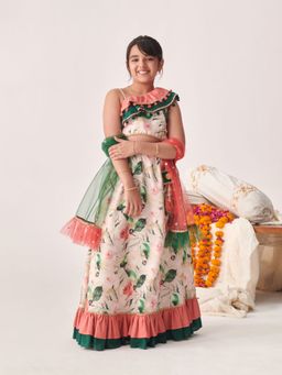 PSPeaches - Girls Thread Work Ready to Wear Lehenga & Blouse With Dupa Peach (Set of 3)