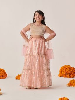 PSPeaches - Girls Printed Ready to Wear Lehenga & Blouse With Dupatta Peach (Set of 3)