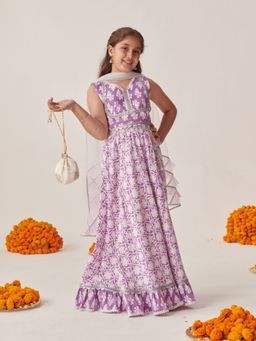 PSPeaches - Girls Printed Ready to Wear Lehenga & Blouse With Dupatta Purple (Set of 3)