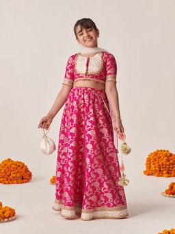 PSPeaches - Girls Printed Ready to Wear Lehenga & Blouse With Dupatta Magenta (Set of 3)