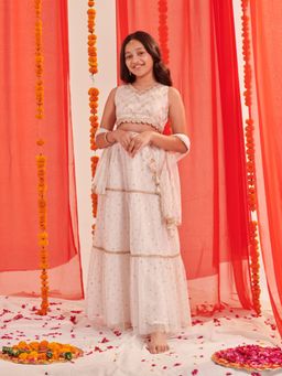 PSPeaches - Girls Printed Ready to Wear Lehenga & Blouse With Dupatta White (Set of 3)