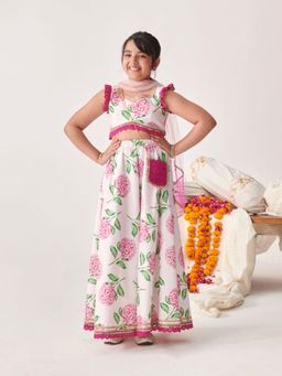 PSPeaches - Girls Printed Ready to Wear Lehenga & Blouse With Dupatta Wine (Set of 3)