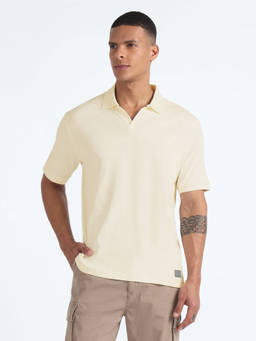 Flying Machine - Men Cream Open Placket Relaxed Polo T-shirt