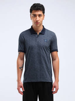 Flying Machine - Men Navy Blue All-Over Printed Regular Fit Polo T-shirt