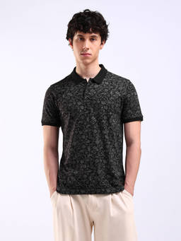 Flying Machine - Men Black All-Over Floral Printed Regular Polo T-shirt
