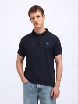 Flying Machine - Men Navy Blue Solid Regular Fit Polo T-shirt