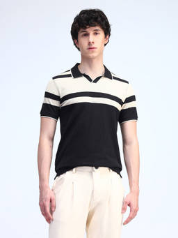 Flying Machine - Men Black Cotton Stripes Relaxed Fit Polo T-shirt