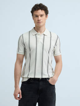 Flying Machine - Men Off White Vertical Stripes Regular Polo T-shirt