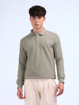 Flying Machine - Men Sage Green Relaxed Fit Ribbed Polo T-shirt