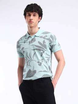 Flying Machine - Men Blue All-Over Printed Cotton Polo T-shirt
