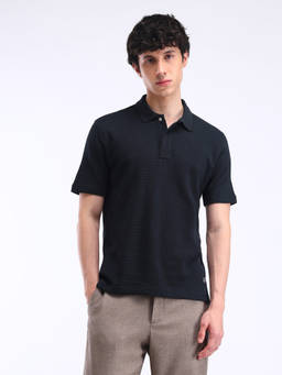 Flying Machine - Men Navy Blue Textured Regular Fit Polo T-shirt