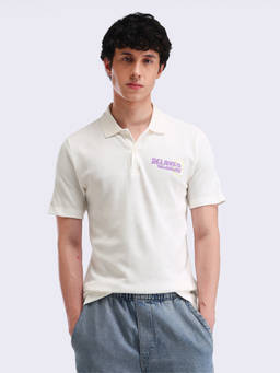 Flying Machine - Men White Embroidered Relaxed Fit Polo T-shirt