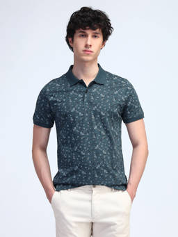 Flying Machine - Men Teal Cotton Regular Fit Floral Polo T-shirt