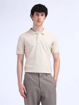 Flying Machine - Men Cream Solid Regular Cotton Polo T-shirt