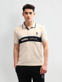 U.S. POLO ASSN. - Men Beige Slim Fit Stripes Polo T-shirt