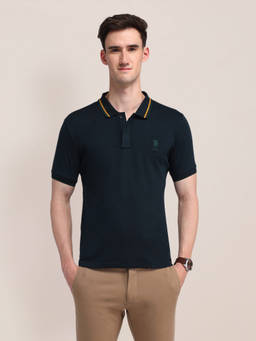 U.S. POLO ASSN. - Men Navy Blue Solid Cotton Polo T-shirt