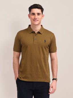 U.S. POLO ASSN. - Men Brown Slim Fit Textured Polo T-shirt