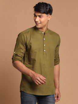 Vastramay - Mens Dark Green Cotton Blend Short Kurta