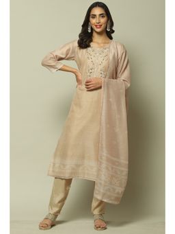 Biba - Beige Silk Blend Unstitched Suit (Set of 3)