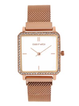 Joker and Witch - Joker & Witch Octa White Square Dial Rhinestone Rose Gold Mesh Strap Analog Womens Watch