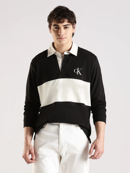 Calvin Klein - Black Cotton Full Sleeves Collar Neck Colorblock Polo T-Shirt