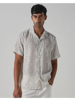 Mufti - Off White Polyester Half Sleeves Collar Neck Self Design Shirt