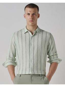 Mufti - Green Polyester Blend Full Sleeves Collar Neck Stripes Shirt
