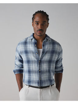 Mufti - Indigo Cotton Full Sleeves Collar Neck Checks Shirt