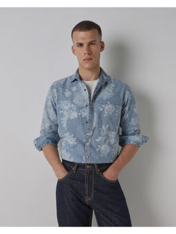 Mufti - Indigo Cotton Full Sleeves Collar Neck Floral Shirt