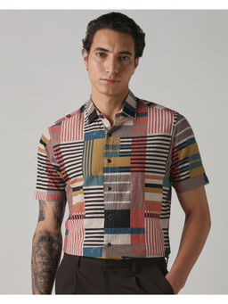 Mufti - Multi-Color Cotton Blend Half Sleeves Collar Neck Geometric Shirt