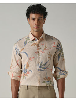 Mufti - Beige Cotton Blend Full Sleeves Collar Neck Floral Shirt