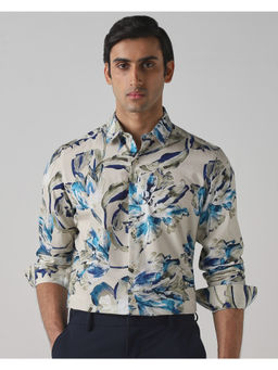 Mufti - Blue Cotton Blend Full Sleeves Collar Neck Floral Shirt