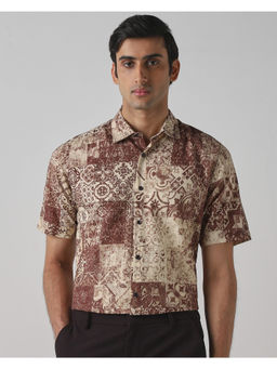 Mufti - Brown Cotton Linen Blend Half Sleeves Collar Neck Printed Shirt