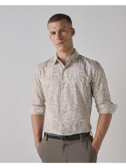 Mufti - Off White Cotton Full Sleeves Collar Neck Floral Shirt