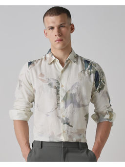Mufti - Off White Cotton Linen Full Sleeves Collar Neck Printed Shirt
