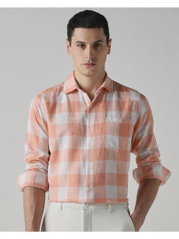Mufti - Peach Linen Blend Full Sleeves Collar Neck Checks Shirt