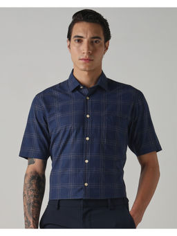 Mufti - Navy Blue Cotton Linen Half Sleeves Collar Neck Checks Shirt